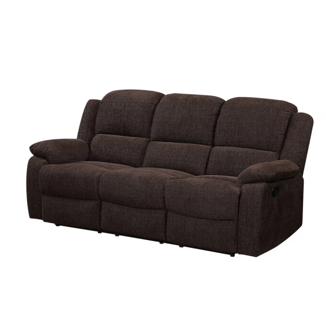 Brown black chenille reclining sofa with comfortable plush cushions and modern rectangle design