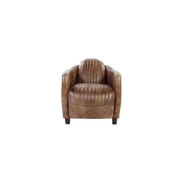 Brown faux leather distressed club chair with wood armrests and comfortable rectangle design