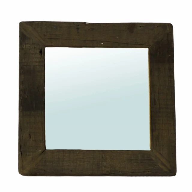 Dark brown reclaimed wood wall mirror product image featuring a rectangular shape and mirror transparency