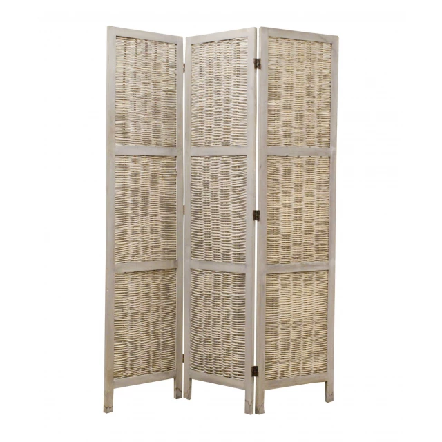 Beige wood screen with rectangular shelves and metal accents in an artistic furniture design