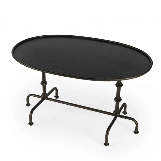 Metal coffee table with oval and rectangle designs for outdoor and indoor use