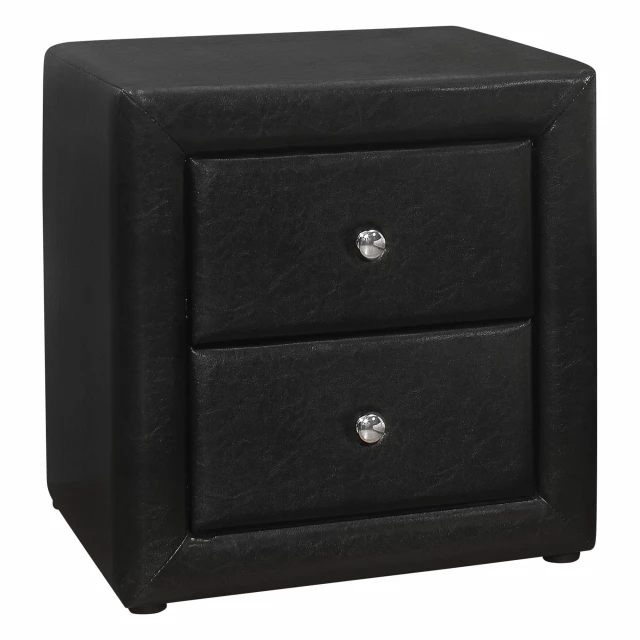 Black faux leather drawer nightstand with metal accents and modern design