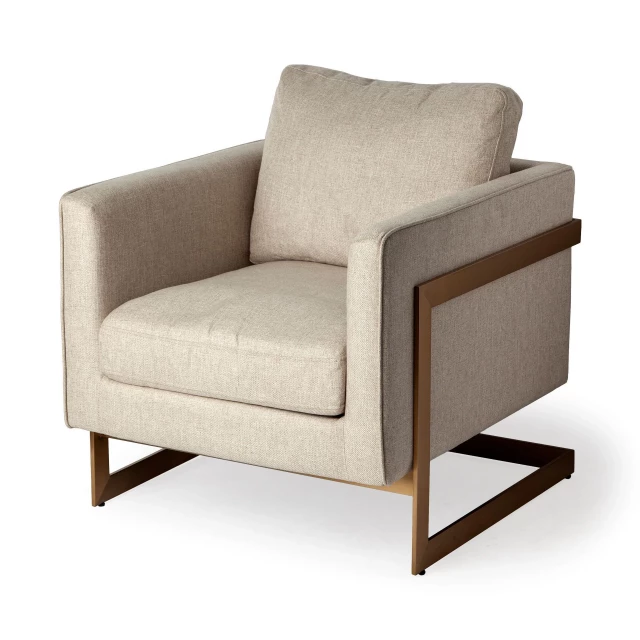Accent chair with gold stainless steel frame and hardwood armrests for comfortable seating
