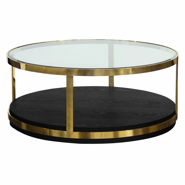 Round glass and metal coffee table with shelf
