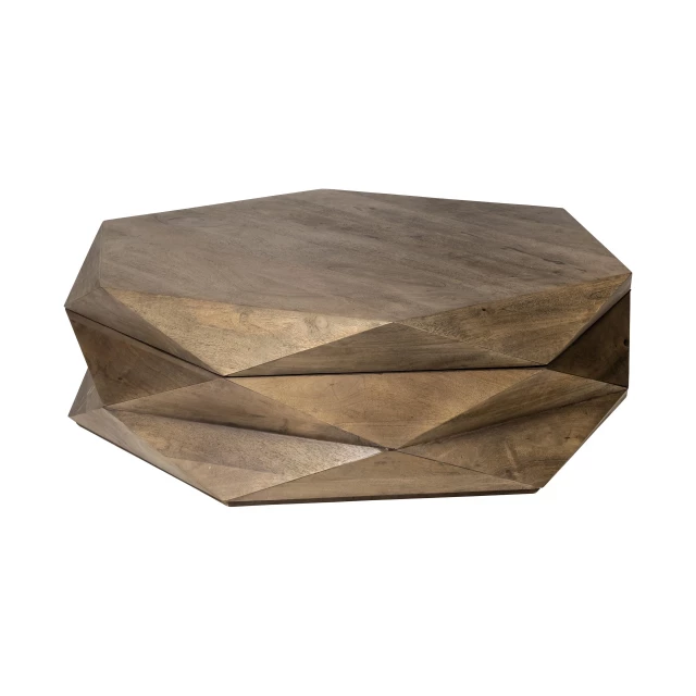 Brown hexagon coffee table with wood art and metal accents