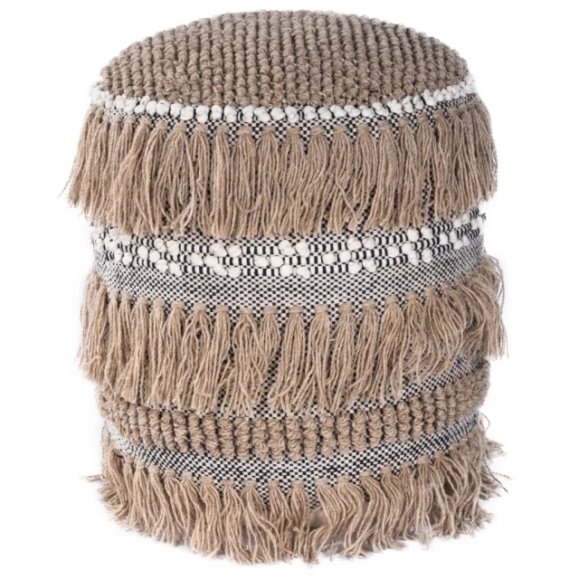 Beige round pouf ottoman with wicker basket design and natural material texture