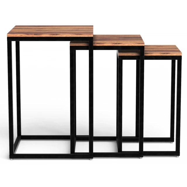 Set of off natural wood nesting end tables with wood stain finish and plank design
