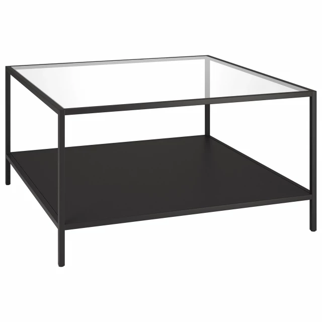 Modern glass and steel square coffee table with lower shelf and hardwood details