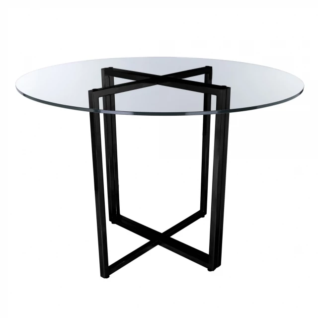 Black geo base round dining table with chairs and glass top for outdoor dining