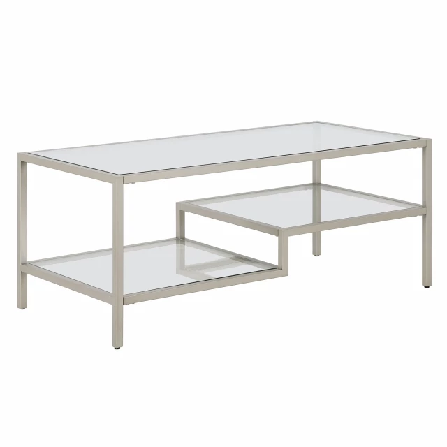 Silver glass steel coffee table with shelves and wood plank details