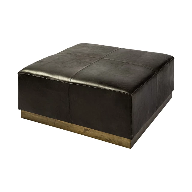 Black faux leather brown footstool ottoman with hardwood and metal accents