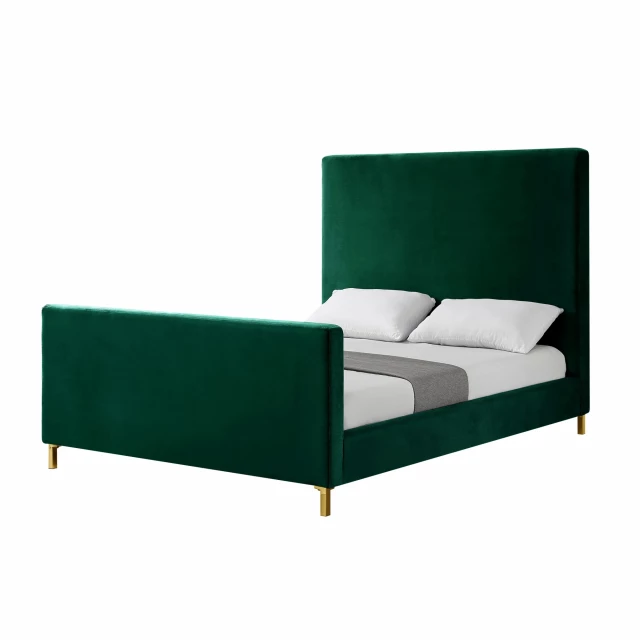 Solid wood queen upholstered velvet bed in elegant bedroom setting
