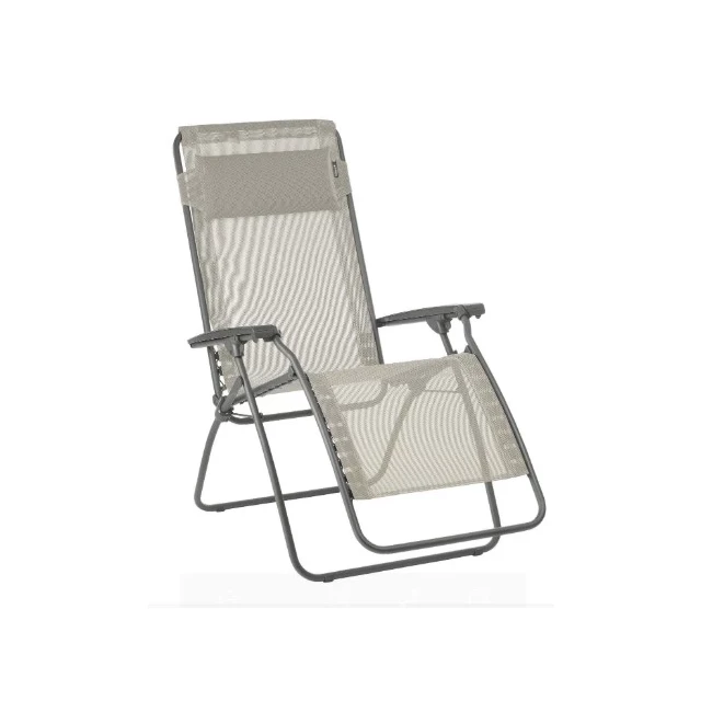 Beige gray metal zero gravity chair for outdoor relaxation and comfort