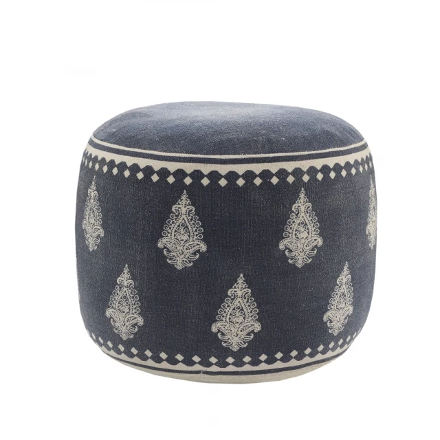Blue cotton ottoman with electric blue pattern and natural material design