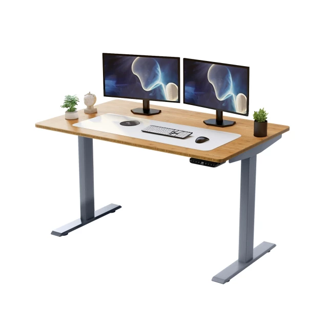 motor electric office adjustable computer desk with computer and monitor