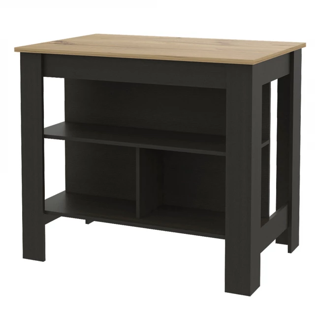 Black oak kitchen island with storage shelves drawers and wood stain finish