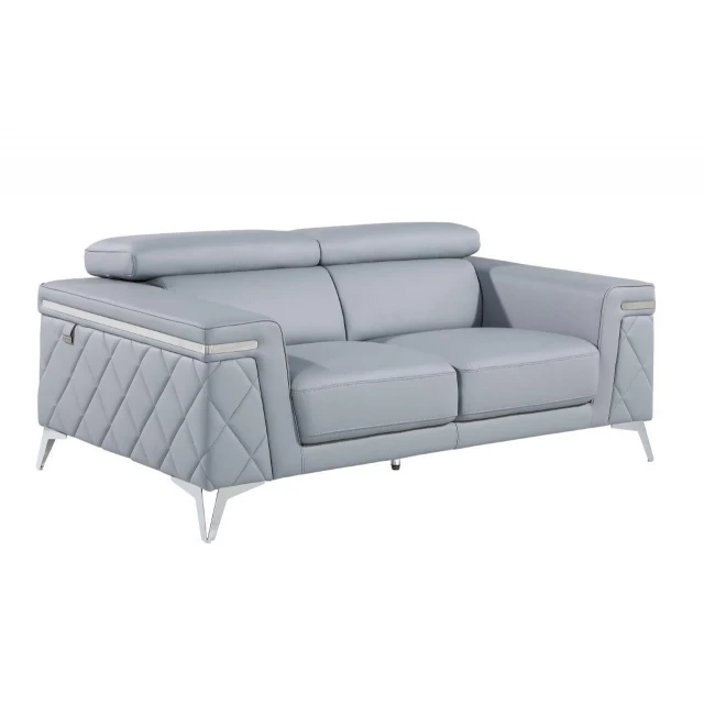 light blue silver metallic leather loveseat with armrests and comfortable cushioning