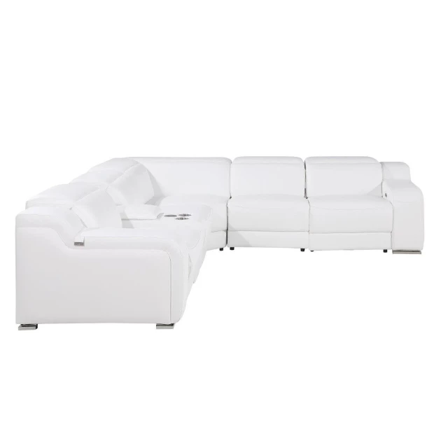 Reclining curved six corner sectional console with comfortable composite materials and metallic accents
