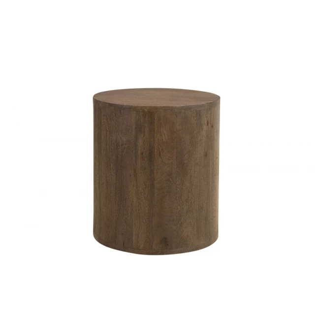 Brown solid wood round end table with wood stain and metal accents