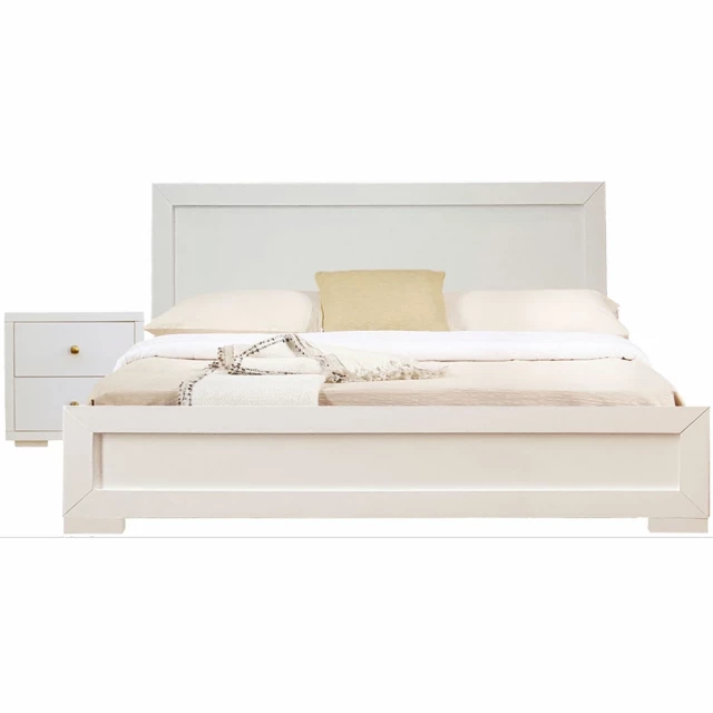 White wood platform twin bed with matching nightstand for modern bedroom decor