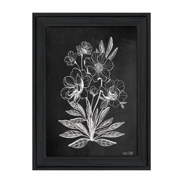 Black framed print of flowers and twigs as wall art decoration