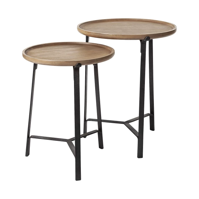 Wood iron base nesting side tables with rectangular patterned wood tops and metal legs for outdoor furniture.