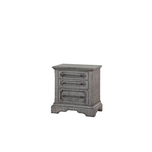 Salvaged natural wood nightstand with hardwood pattern and metal accents