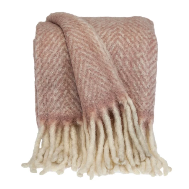 Pink knitted acrylic abstract reversible throw with woolen texture and safety glove gesture