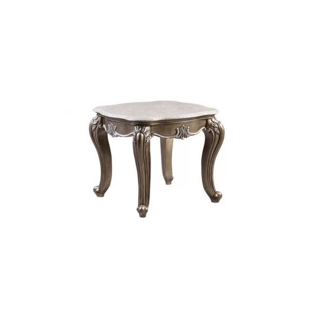 Marble polyresin square end table with hardwood texture suitable for outdoor use