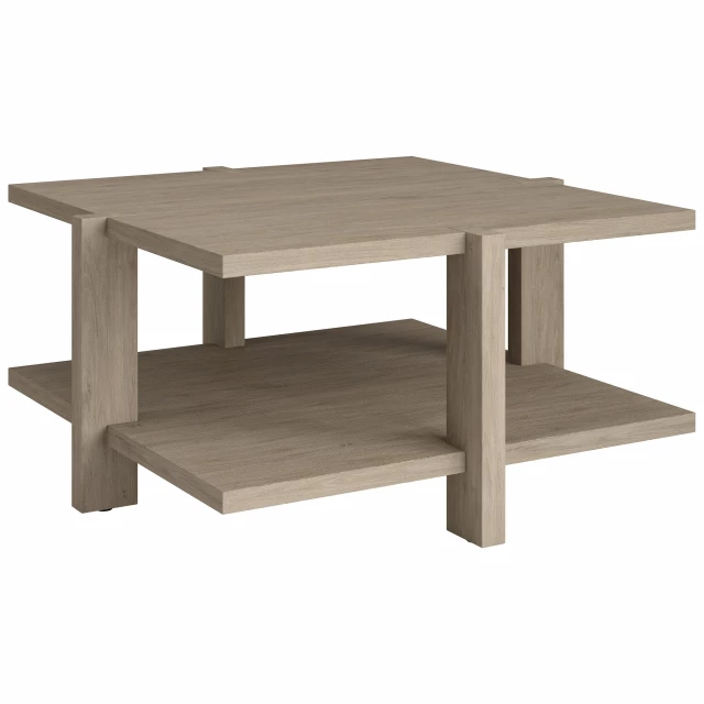 Gray square coffee table with shelf in hardwood and wood stain finish
