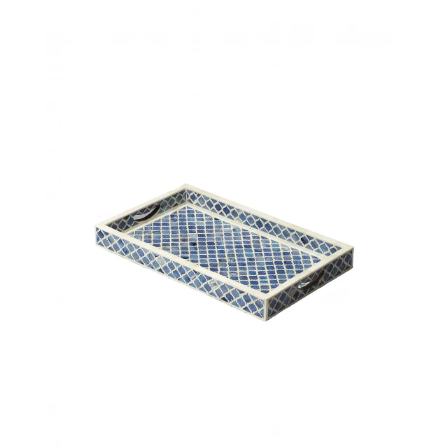 blue quatrefoil bone inlay serving tray with electric blue pattern and rectangle shape