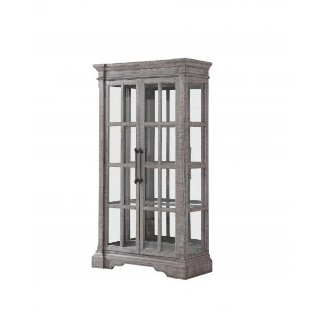 Salvaged natural wood glass curio with building-inspired design featuring rectangle window and metal art details