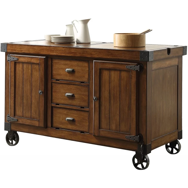 Farmhouse warm tobacco rolling kitchen cart with cabinetry drawers and wood stain finish