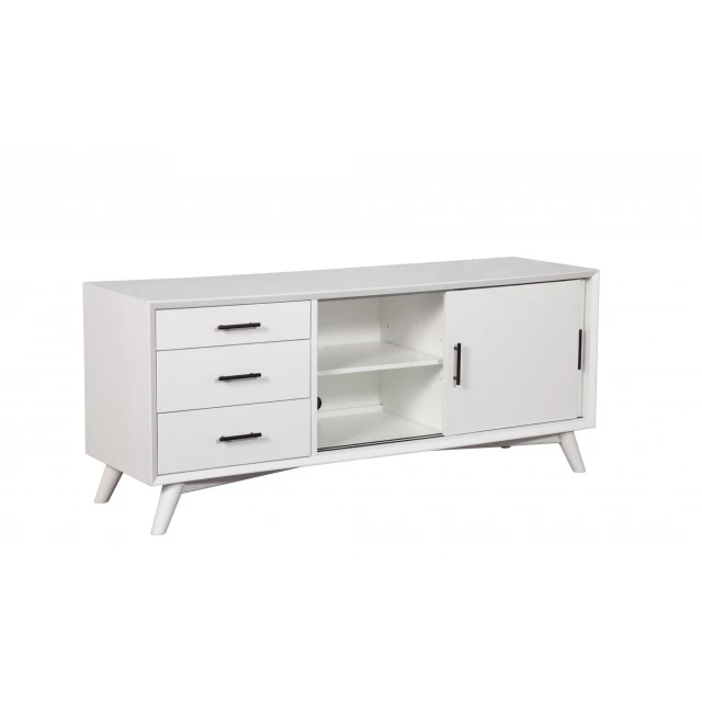 Okoume veneer open shelving TV stand with hardwood drawers and metal accents in furniture cabinetry style