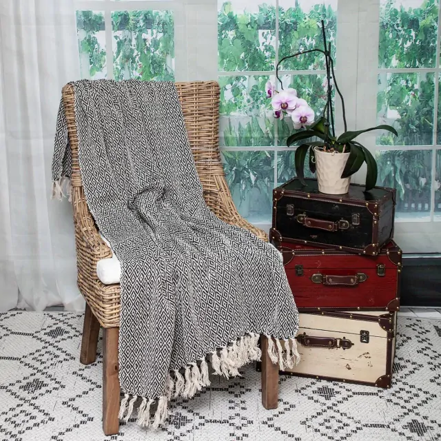 Boho Black and Beige Woven Diamond Pattern Throw with Tassels Boho Black and Beige Woven Diamond Pattern Throw with Tassels