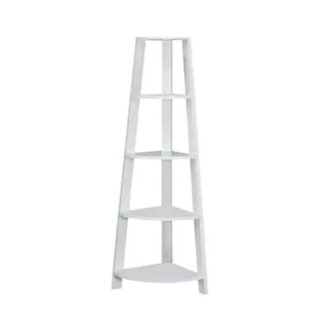 white wood four tier corner bookcase with shelves for storage