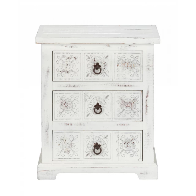 Distressed white wooden carved drawer cabinet with chest of drawers and dresser design