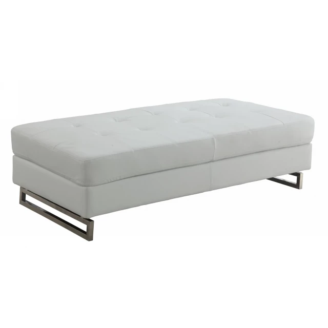 White faux leather silver ottoman with wood accents and comfortable beige cushion