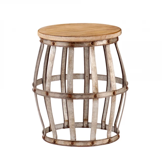 Natural manufactured wood round end table with cylinder shape and plant pattern