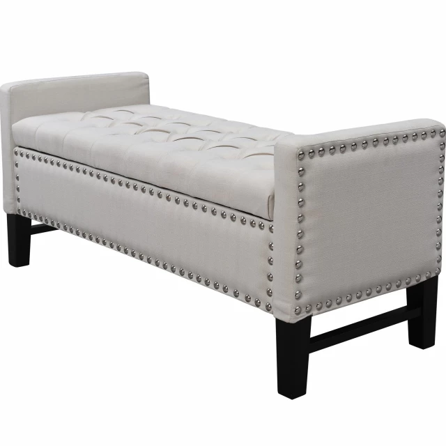 Cream upholstered linen bench with shoe storage for home comfort and organization