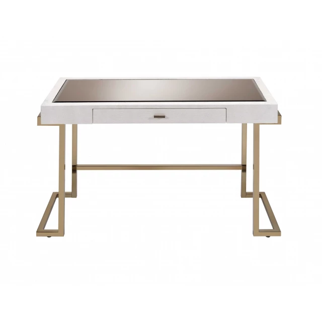 white champagne glass writing desk with wooden legs