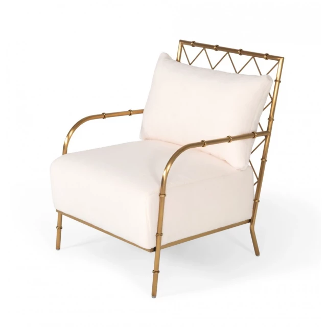 White gold velvet frame accent chair with hardwood armrests and metal details