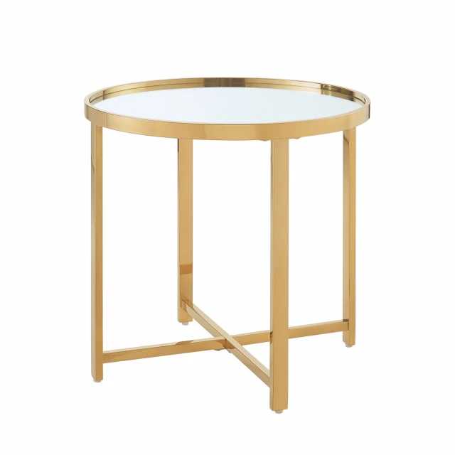 Gold glass round mirrored end table in a modern furniture setting