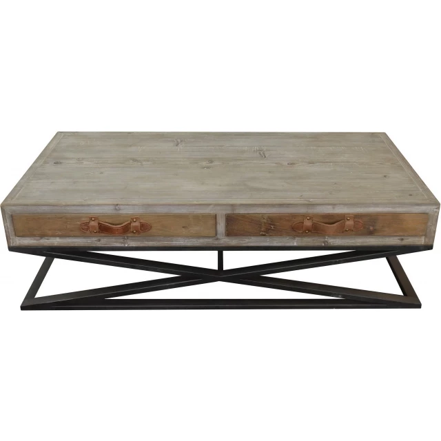 Handcrafted natural wood iron coffee table with brown rectangle top and beige wood stain finish