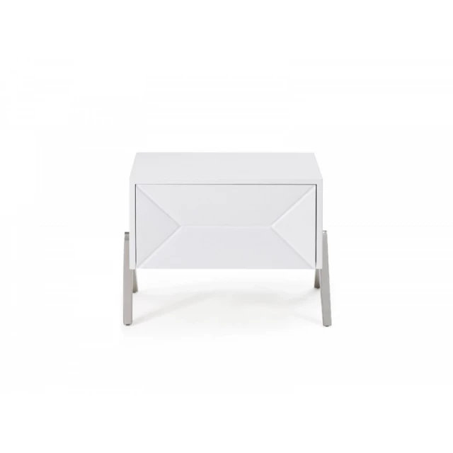 Silky white nightstand with steel legs and glass tabletop