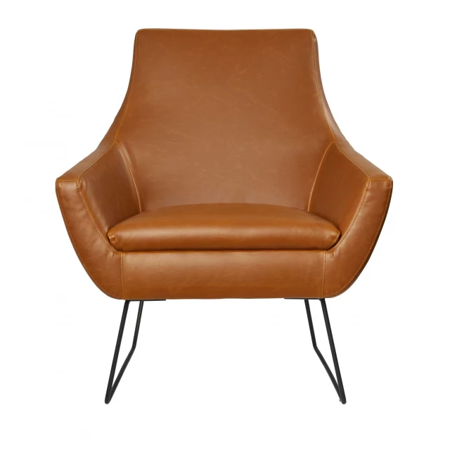 distressed camel faux leather arm chair with brown wood accents and comfortable rectangle cushion