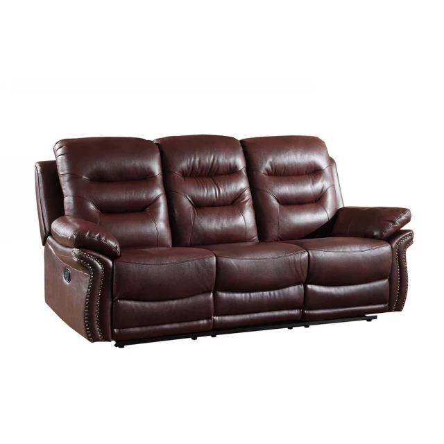 Burgundy black faux leather sofa with comfortable rectangle studio couch design in a wooden outdoor furniture setting