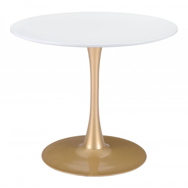 White gold round pedestal dining table with artful wood design and circle tableware elements