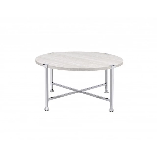 Chrome white oak round coffee table with metal and plywood materials in an outdoor setting