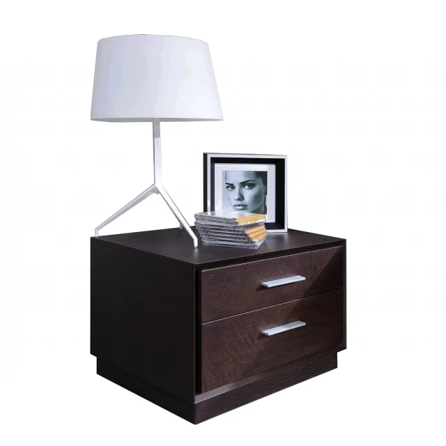 Modern brown oak finish nightstand with drawers and table lamp